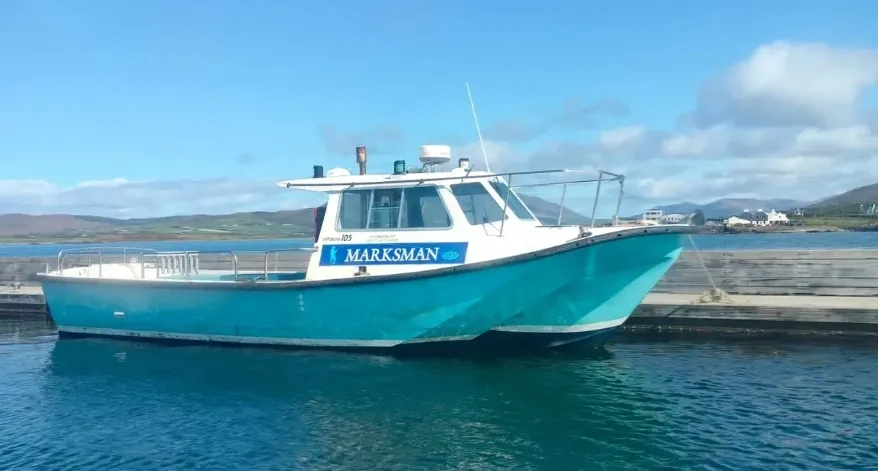 Boat cruising past dramatic sea cliffs on the Wild Atlantic Way
